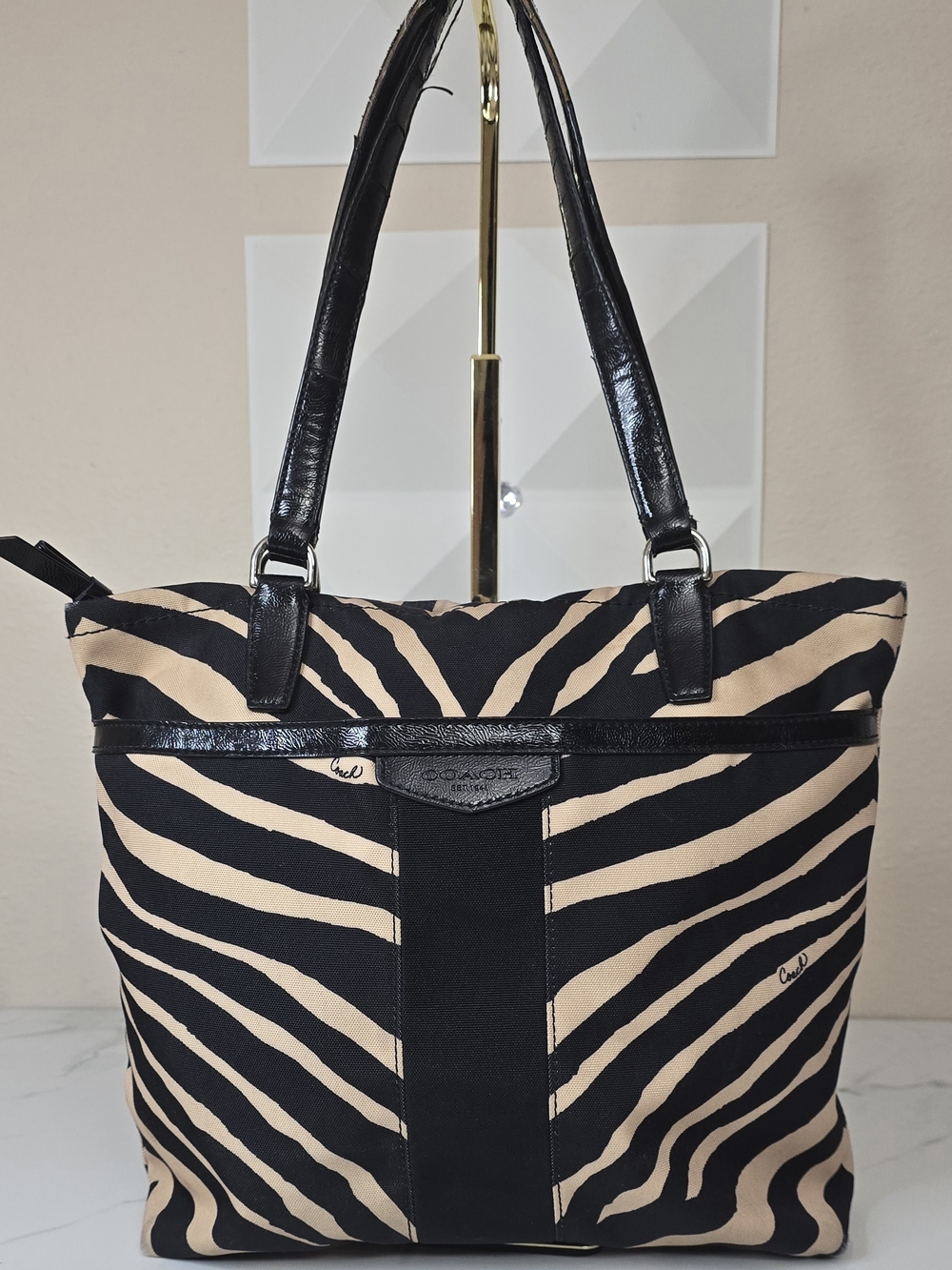 Coach Zebra Print Canvas Tote Bag Black Cream Shoulder Bag Project Rehab